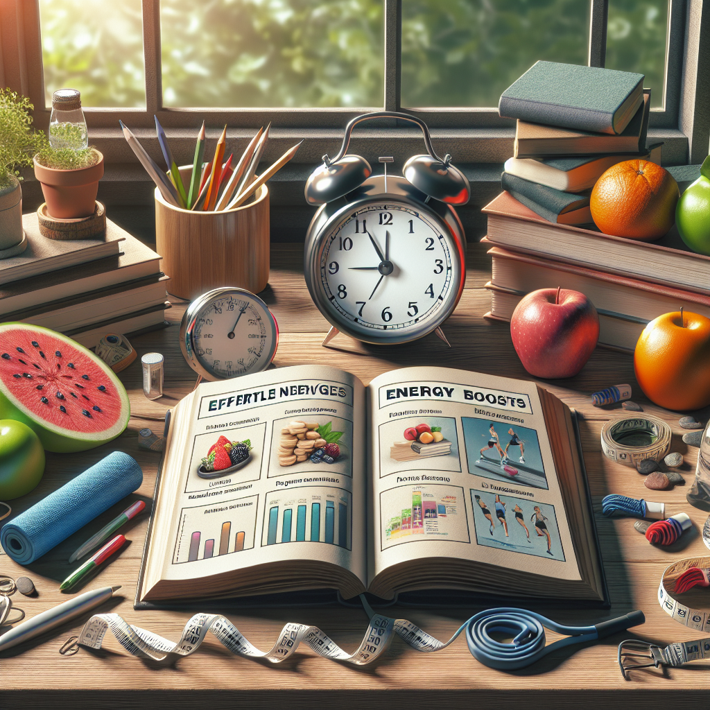 An educational scene tied to the theme of fatigue management in ALS. At the center is an open book with well-organized sections labeled 'Effortless Energy Boosts'. Around the book are items related to coping with fatigue - fresh fruits, a retro alarm clock showing a schedule, a pedometer, and light exercise equipment such as a resistance band. The scene is lit with natural light creating soft shadows, suggesting a calm and inviting atmosphere which encourages learning. With regard to background, include a quiet workspace situated by a window with lush greenery in the view, symbolizing peaceful and energizing surroundings.