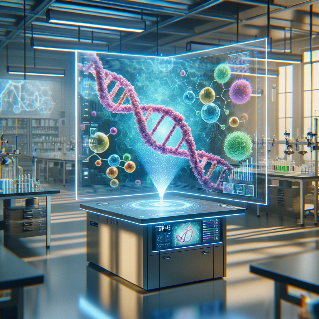 Create a photorealistic image showcasing a laboratory setting with natural light and soft shadows. The focus of the image is a digital and interactive holographic display, projecting a representation of the TDP-43 protein. Bright colors and visual effects are used to illustrate a 'clearance boost', symbolising the breakthrough in ALS research.