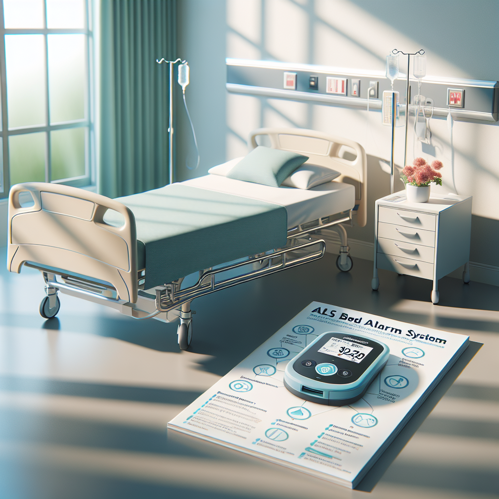 Create a realistic image focusing on an ALS Bed Alarm system, intended as a key tool for preventing falls. The image should feature the device located strategically on the edge of a hospital bed, ready for use. Display an instruction guide next to the bed, which provides comprehensive instructions on how to implement the fall prevention strategy. Let natural light stream in from a window that casts soft shadows, enhancing the serene ambiance of the room. Use a combination of soft and bold colors to highlight the crucial parts of the image, making it visually intuitive for the viewer