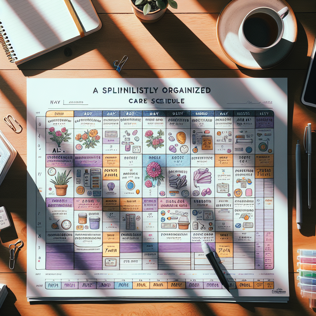 Let's visualize a splendidly organized care schedule for an ALS patient. The scene will showcase a detailed weekly calendar spread open on a wooden table, top view, with sunlight falling on it from a nearby window, casting soft shadows. Various slots on the calendar are color-coded and neatly labeled with different caregiving activities like medication times, physiotherapy sessions, meals, and rest periods, conveying a sense of calmness, ease, and splendid organization. Handwritten notes and bold markers accentuate the important parts of the schedule.