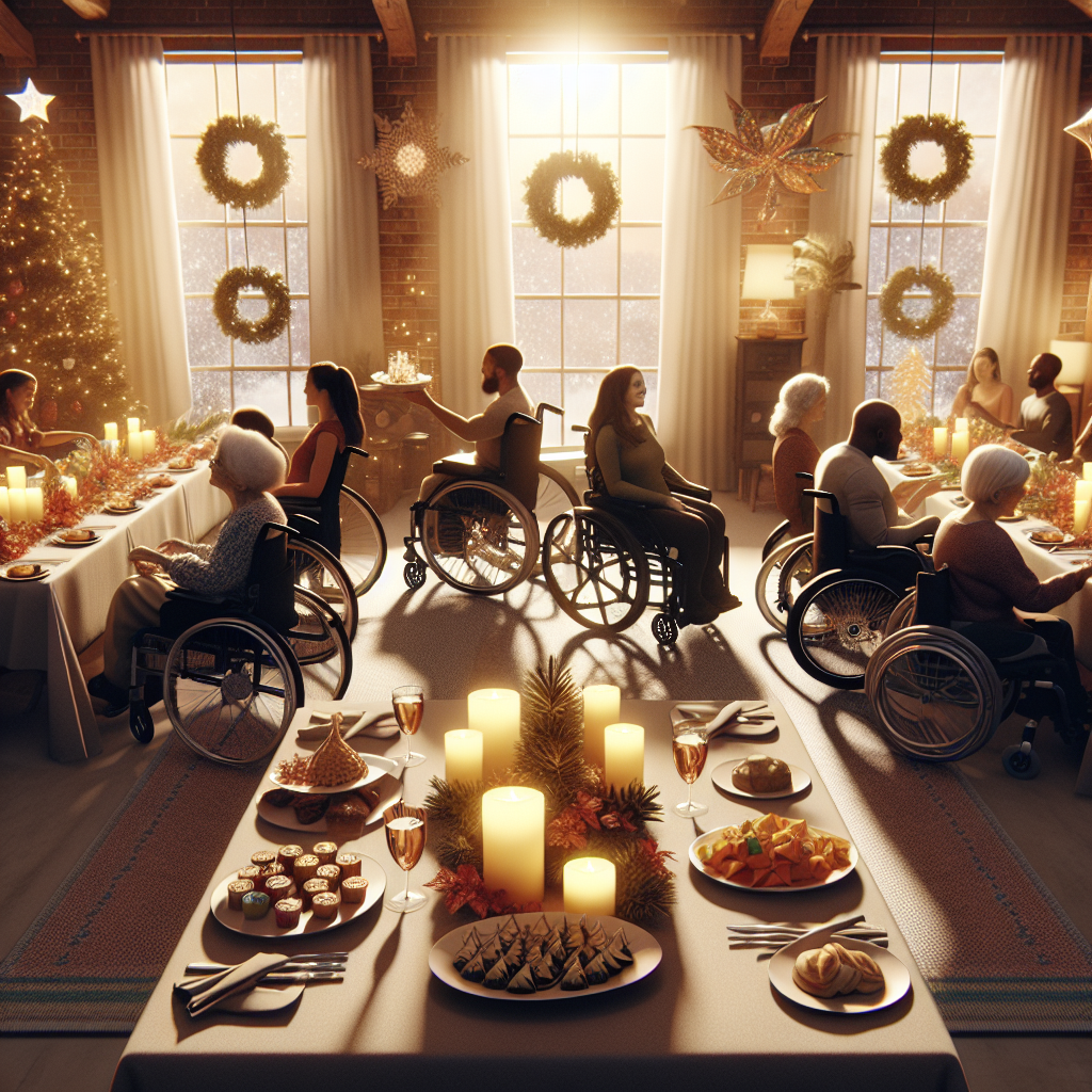 Depict an inspiring scene representing Adaptive Celebrations during the holidays (ALS Holidays). The image should incorporate elements such as wheelchair-accessible decorations, inclusive party games, and well-planned festive food spreads. The place should be filled with warm, natural lighting and feature soft, delicate shadows. Encourage a sense of effortless preparation, and showcase how these adaptations make festive celebrations accessible and enjoyable for everyone. Include diverse individuals including black, white, Hispanic, Middle-Eastern, and South Asian, of all genders, celebrating together, highlighting the inclusivity and joy of the celebration.