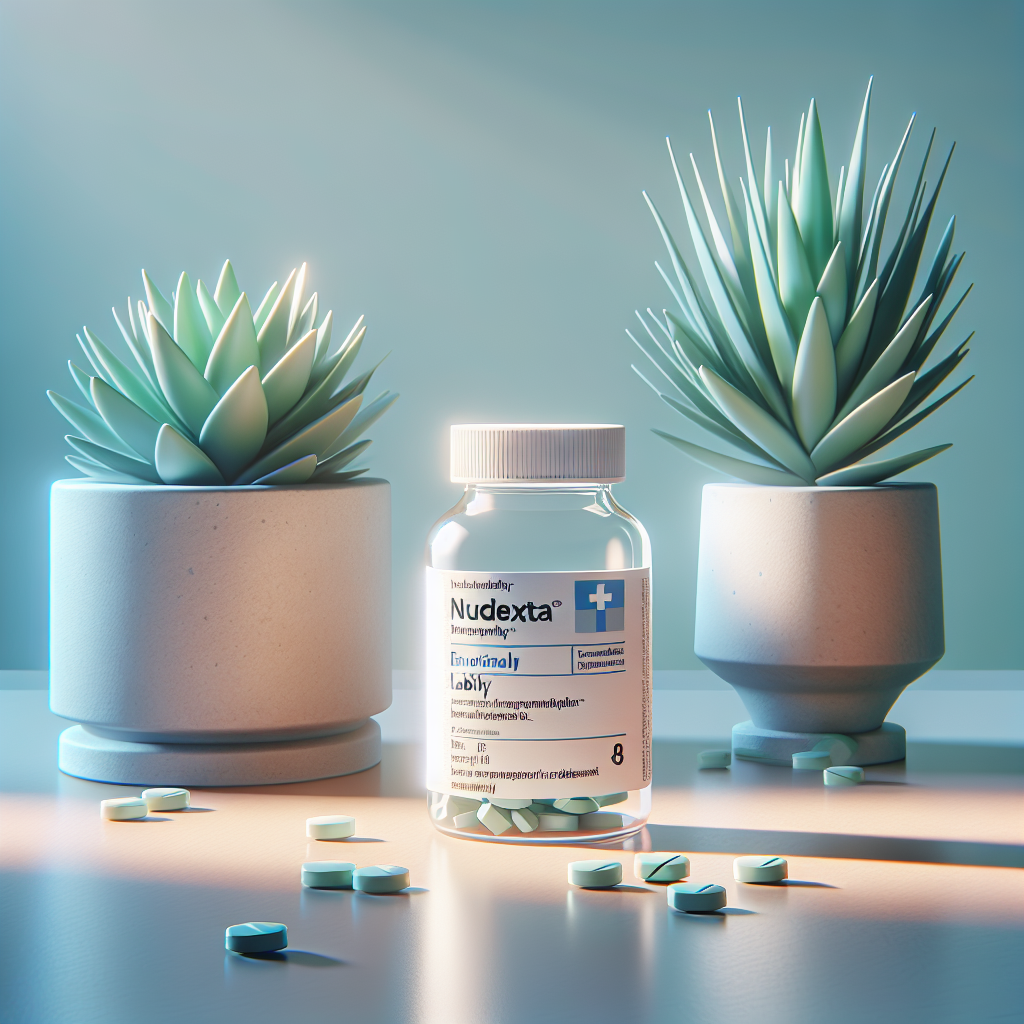 Generate a high-quality, photorealistic image illustrating the concept of treatment for emotional lability in Amyotrophic Lateral Sclerosis (ALS) patient. The image should feature a medicine bottle labelled 'Nuedexta', serving as a primary treatment for this condition. Ensure to display natural lighting and soft shadows, reflecting a calm and serene ambiance in the image.