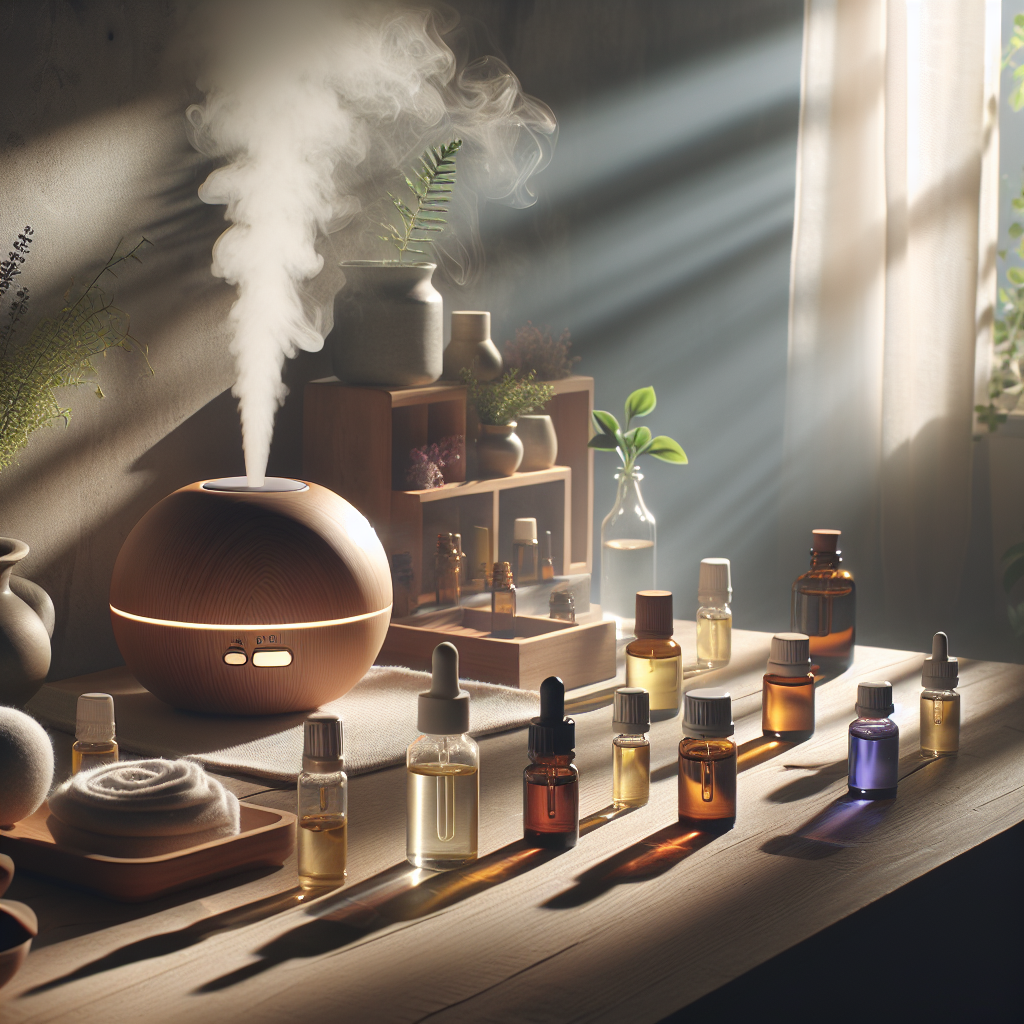 Generate a serene image exuding tranquility. The setting is an aromatherapy space engaged in providing relaxation therapy for people coping with ALS. The room is filled with subtle aromas of various essential oils, with an essential oil diffuser gently humming in the background. The oils create a light mist while catching the natural sunlight filtering in through the window, casting a tranquil glow around the room. Some of these oils are placed neatly on a wooden shelf. A soft shadow is cast by this whole setup, reflecting the restful, inviting environment.