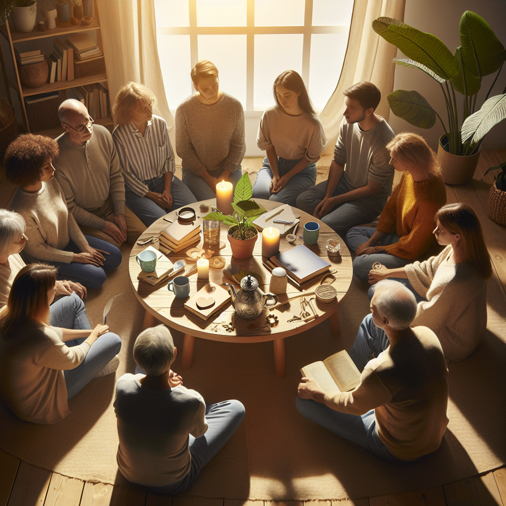 Create a warm and inviting image that communicates support and healing, meant to represent resources for families dealing with ALS (Amyotrophic lateral sclerosis) grief. The scene incorporates elements such as a circle of diverse people of varying genders and descents sitting together in a comforting environment. There's a table filled with various items: books about coping with loss, a plant symbolizing growth and healing, and a coffee mug for shared conversations. Natural lighting filters through a nearby window, lending the scene a serene quality and casting soft shadows. This picture serves as a symbol of support, unity, and hope.