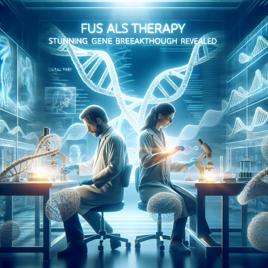 Visualize a breakthrough in FUS ALS Therapy represented symbolically. Show scientists in a buzzing laboratory, engaged in sophisticated genetic research. Depict a Caucasian male scientist and a South Asian female scientist pouring over DNA models, with beams of natural light washing over them creating soft shadows around. Projected on a wall in the background, have the words 'FUS ALS Therapy: Stunning Gene Breakthrough Revealed'. Use photorealistic style to create an image of immense scientific achievement.