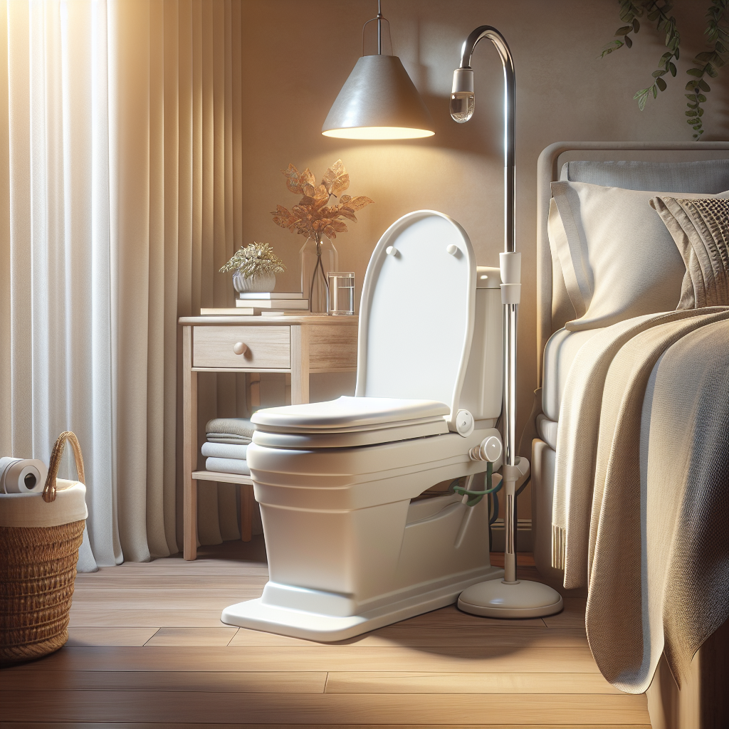 Create a tranquil and respectful scene featuring an ALS bedside commode. Depict it with the utmost dignity in mind, incorporating practical privacy solutions such as curtains or screens. Use natural lighting to enhance the atmosphere, and apply soft shadows for depth. Include elements like a clean commode chair, fresh water, medical equipment subtly stored, and maybe a bedside table with reading materials or comforting items. Above all, evoke feelings of calm, safety, and respect. Please make this a high-quality, photorealistic image to truly represent the reality of living with ALS with dignity.