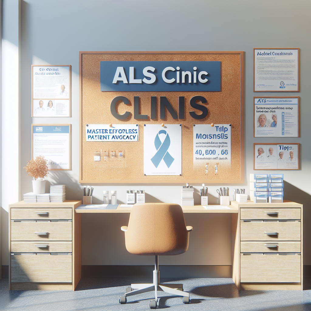 Generate a high-quality, detailed, photorealistic image that is bathed in natural light and casts soft, subtle shadows. The scene illustrates a comfortable clinic setting, designed to provide care for patients with ALS. There should be a bulletin board in the center with the large and bold heading 'ALS Clinic Tips.' The most prominent tip posted should read 'Master Effortless Patient Advocacy.' The remaining board is filled with other useful tips and health advice. The image should exude calm, cleanliness, and the feeling of compassionate healthcare.