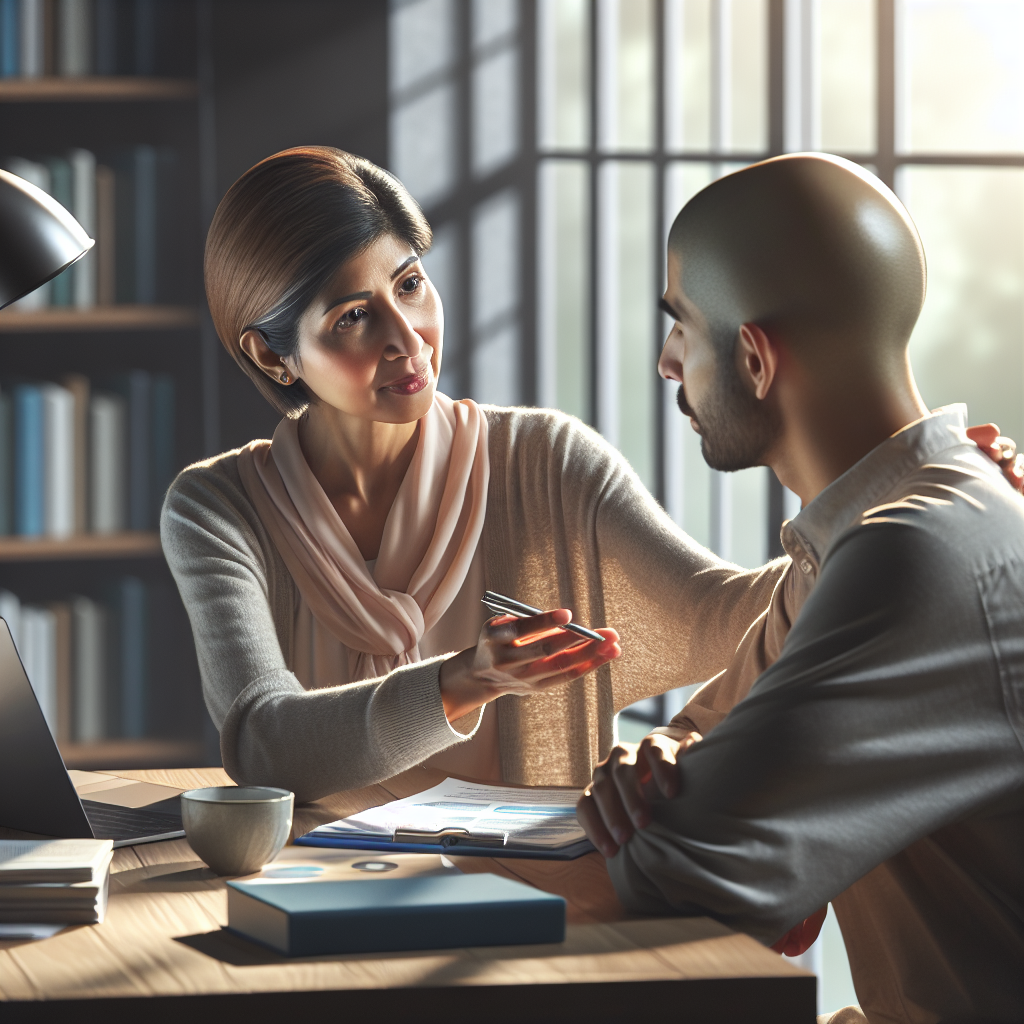 Generate a high-quality, photorealistic image that portrays an ALS peer mentor in action. She is of South Asian descent and is seen offering support and guidance to a just-diagnosed individual, a Hispanic male, thereby radiating stunning influence. The scene captures natural lighting, and casts a play of soft shadows. The arranged setting should depict the mentor utilizing various supportive tools such as books, medical documents, and a laptop with information that can help the newly diagnosed person.