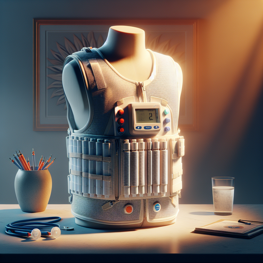 Generate an image offering a warm and comforting portrayal of an ALS cooling vest, considered as a must-have relief. The vest appears technologically advanced with state-of-the-art cooling mechanisms. It is highly reformative in its design, catering to the needs of ALS patients. The scene is illuminated with natural lighting, casting soft, comforting shadows on the vest. The vest is placed on a table set against a soothing background, helping to emphasize its remarkable features and importance. The composition of the image radiates a sense of calm while underlining the essential role of this vest in the lives of patients.