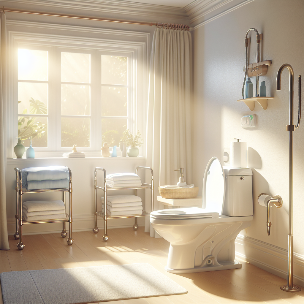 An illustration of a serene bathroom setting with clear, photorealistic details. The room should be filled with helpful items designed specifically to assist individuals with ALS and incontinence issue. Some of these should include waterproof bed sheets, a lightweight, easily-accessible portable commode, and soft grip support bars installed near the toilet. The light in the image should be natural, creating a calm atmosphere and warm, soft shadows which convey a sense of comfort and ease. The overall image should reflect an understanding of the challenges faced and provide effortlessly employable, must-have solutions.