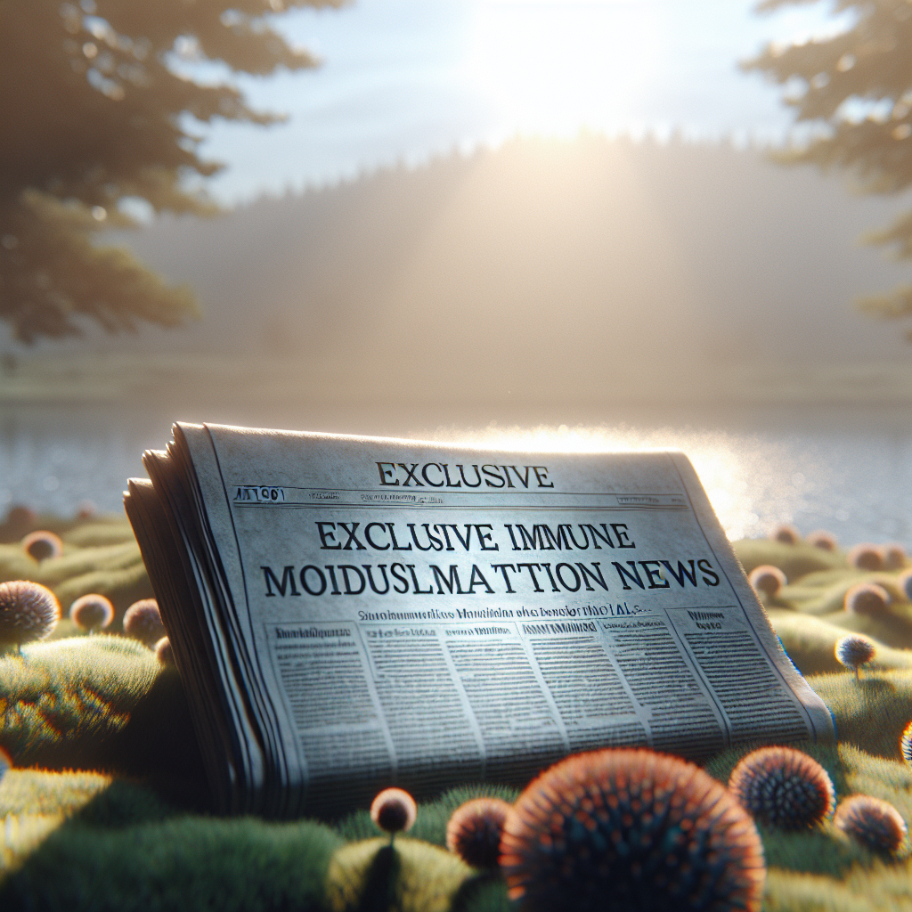 A stunning, photorealistic image which illustrates the concept of a significant scientific breakthrough related to the AT1501 ALS. The image showcases a newspaper opened on the front page, focusing on the headline 'Exclusive Immune Modulation News'. The paper is surrounded by a serene setting, lit naturally by the sun's rays falling softly to cast mild shadows, creating a tranquil and warm feeling that emphasizes the hope that comes with such news.