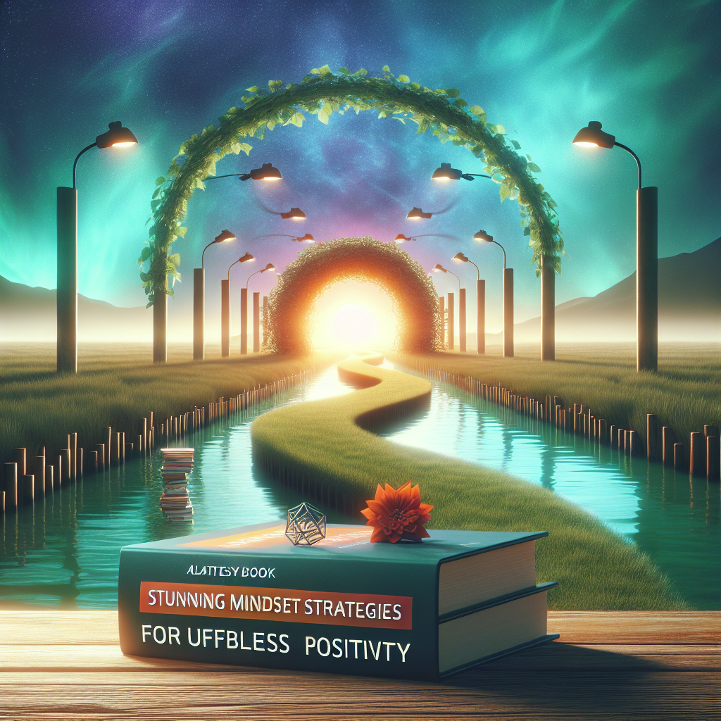 Generate a visual metaphor that represents the concept of hope and positivity in relation to ALS. The scene could incorporate symbolic elements such as a sunrise or light at the end of a tunnel to represent hope and positivity. Use natural lighting and soft shadows to enhance the image. Depict a strategy book titled 'Stunning Mindset Strategies for Effortless Positivity' prominently placed in the scene. Add visual details suggesting the concept of effortless positivity, such as a calm body of water or a serene green field.