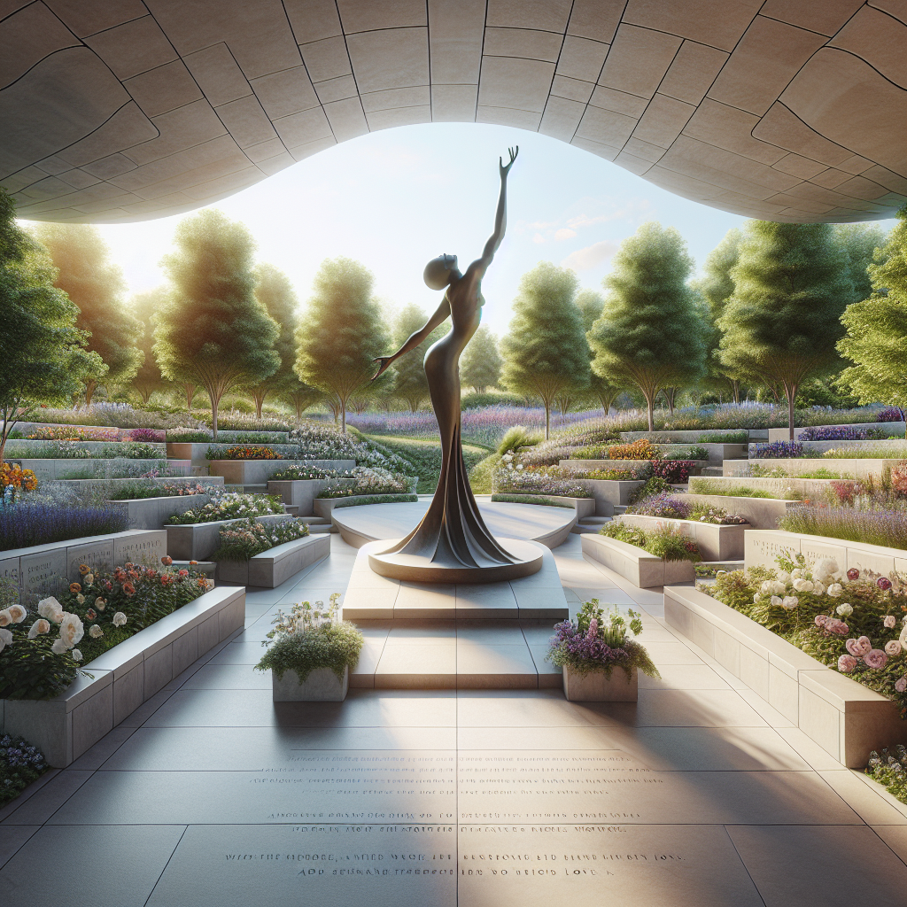 Design a tranquil scene for an ALS Memorial: Imagine a lush garden filled with different varieties of flowers, blooming in the hues of hope, resilience, and love. A stone pathway winds its way through, leading to a central area. Here, a timeless bronze sculpture, perhaps an abstract representation of a human figure reaching upwards symbolizing aspiration and courage, takes center stage. The garden is peppered with benches for silent reflection, each one inscribed with inspirational quotes about strength, perseverance, and love. The scene is washed in the soft glow of natural lighting, creating gentle shadows and adding depth to the image.