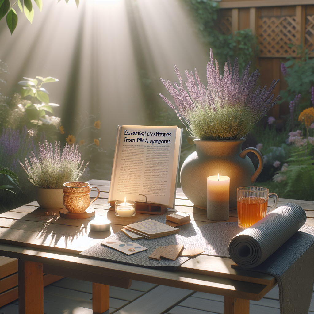 A serene wellness scene illustrating effortless strategies for better relief from PMA symptoms. The setting is bathed in natural lighting with soft shadows cascading over elements hinting at the strategies like a calming lavender plant, an open book detailing mindfulness practices, a softly glowing candle and a yoga mat with a glass of herbal tea on a quaint wooden side table. The background could be a peaceful garden, providing the ambiance of tranquility and calm, aiding in the alleviation of symptoms. The whole scenario exuding an air of relaxation and peacefulness.