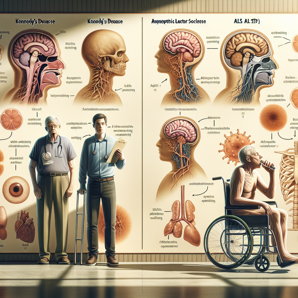 Create a photorealistic illustration using soft shadows and natural lighting to depict the differences between two neurological disorders: Kennedy's Disease and Amyotrophic Lateral Sclerosis (ALS). On the left, visually represent characteristics of Kennedy's Disease such as muscle weakness and wasting. On the right, depict symptoms of ALS, like difficulty speaking and swallowing, with possible signs of muscle atrophy. In the center, show a comparison chart listing out distinct symptom comparisons, providing a clear distinction between the two disorders.