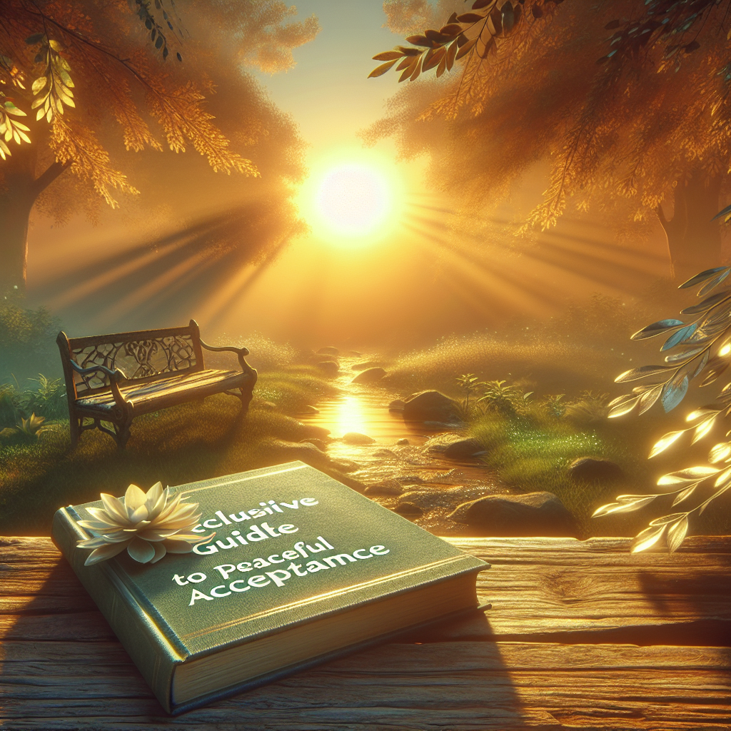 Generate an image with a serene, peaceful environment that symbolizes acceptance. The scene could include a tranquil, sunlit garden with the soft shadows of leaves dancing on the ground. It could also contain a handbook titled 'Exclusive Guide to Peaceful Acceptance', gently resting on an antique wooden bench. The glowing sunrise in the background bestows a sense of warmth, enhancing the overall tone of tranquility and peaceful acceptance.
