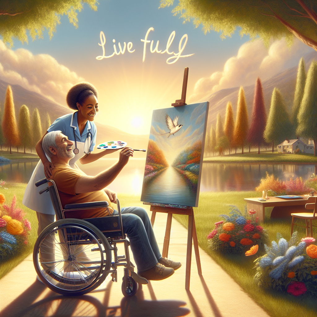 Imagine an uplifting and inspiring scene that represents living life to its fullest even with ALS (Amyotrophic Lateral Sclerosis). Think of a warm, sunny outdoor setting with soft natural lighting and delicate shadows. In the frame, a middle-aged Hispanic man in a wheelchair is seen painting on a canvas. Next to him is an African-American female nurse, who is enthusiastically discussing the masterpiece in the making. Both are joyfully embracing the moment. In the background, there's a serene park full of colorful flowers, lush trees, and a calm lake. Artwork and the setting serve as a metaphor for continuing to enjoy best quality life, with words 'ALS Live Fully' written subtly in the sky.