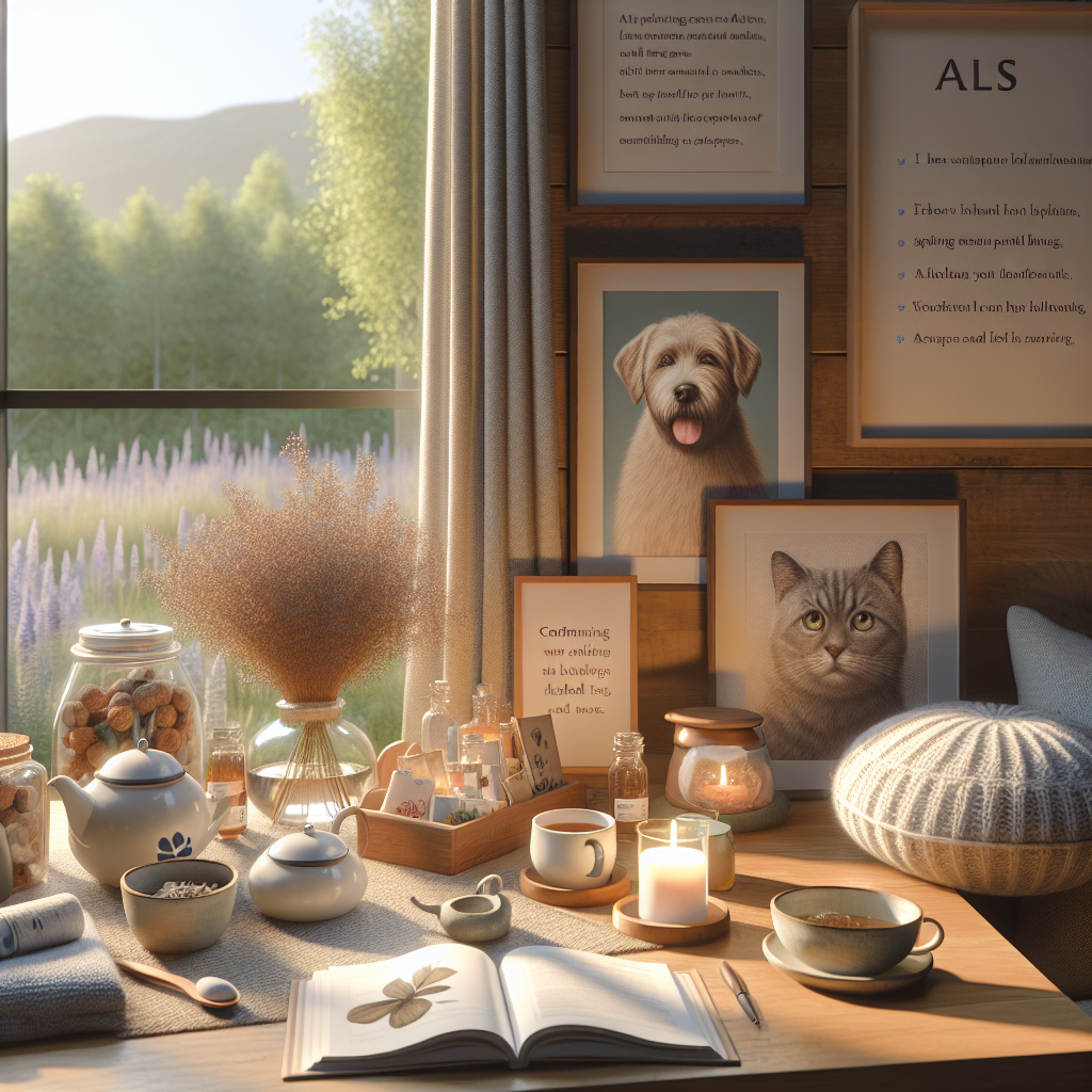 Craft a high-quality, photorealistic image utilizing natural lighting and gentle shadows. The scene should encapsulate the emotions and feelings surrounding an ALS diagnosis. Convey a supportive atmosphere, focusing on positive elements like the presence of comforting items, including books about handling the situation, soft pillows, warm mugs of herbal tea, soothing candles, etc. Display an environment that gives tips for effortless coping, such as a serene garden view from the window, pictures of serene nature, calming quotes on the wall, etc.