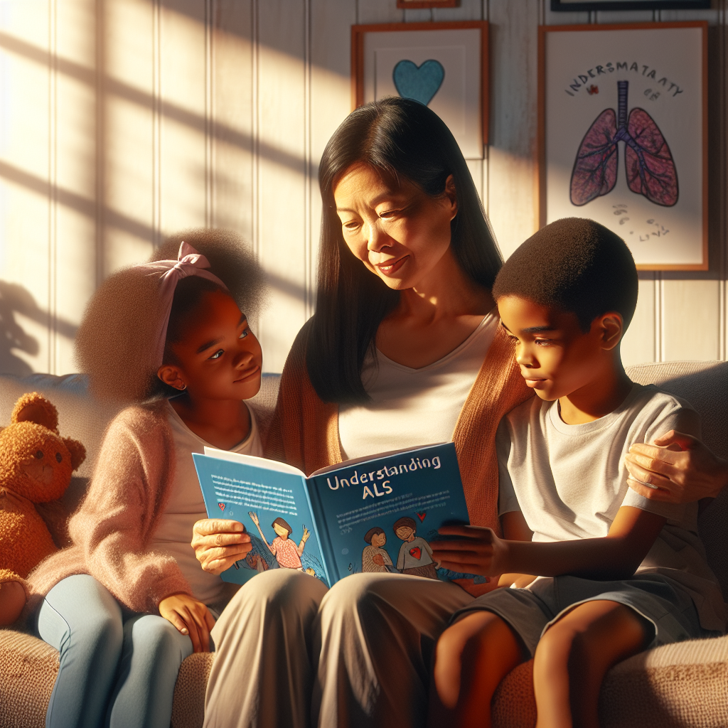 Display a serene and comforting scene in a sunny living room, with a middle-aged Asian woman sitting on a cozy couch, lovingly explaining something to two children - a Black girl and a Middle-Eastern boy. The woman is holding an illustrated book titled 'Understanding ALS'. Their faces express attentiveness and understanding. Soft shadows fall from the windows, and warm sunlight illuminates the room. There's also an empathetic poster about ALS awareness on the wall. The scene portrays a feeling of resilience, support, and family solidarity.