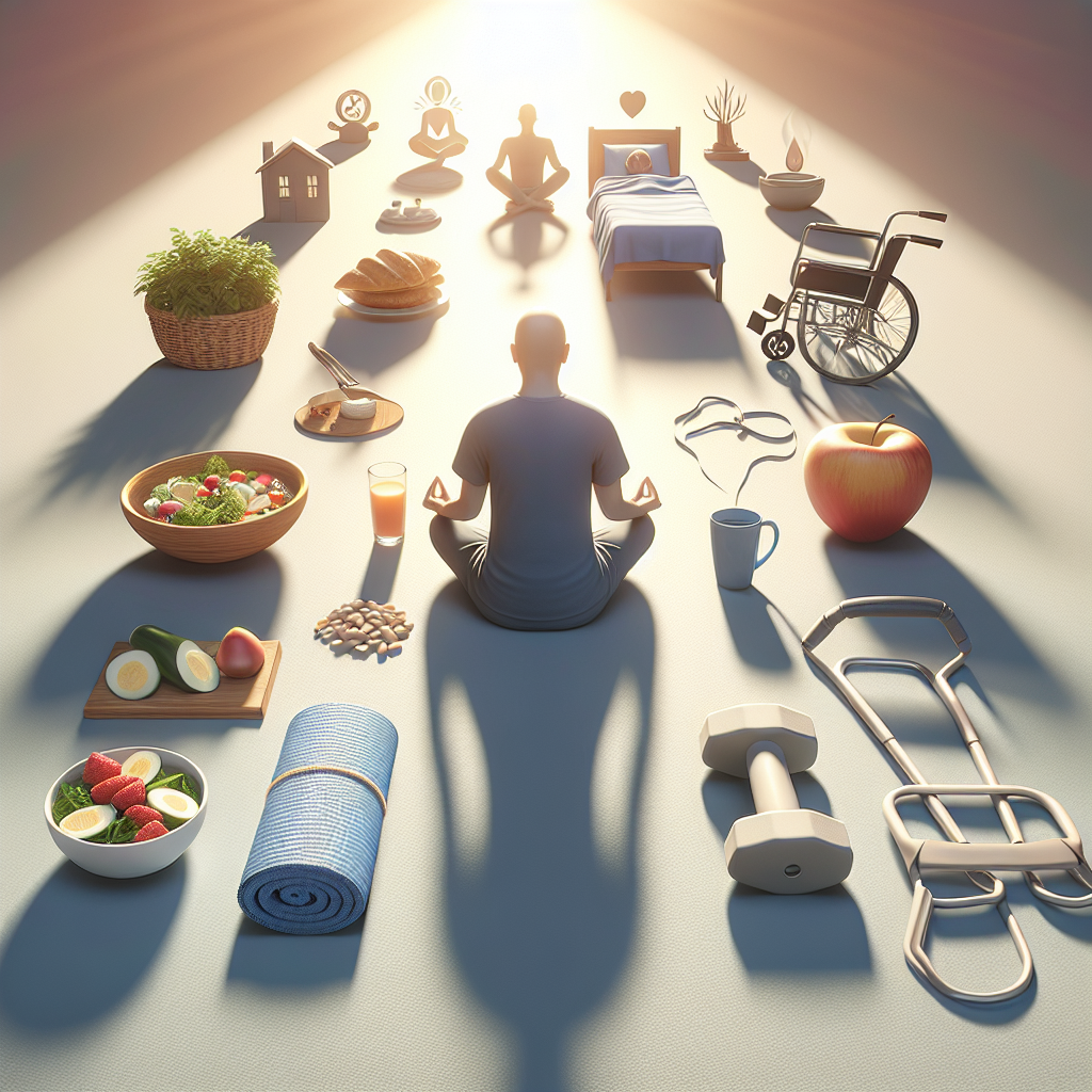 Create an image depicting the daily routine of a person with ALS (Amyotrophic lateral sclerosis) displaying peaceful scenes of meditation, healthy eating, exercise, and resting, illustrating tools and aids commonly used by ALS patients. The image should be suffused with natural sunlight creating soft shadows, symbolizing hope and resilience. The overall atmosphere of this photorealistic image should encourage easy and effective methods to slow the disease's progression.