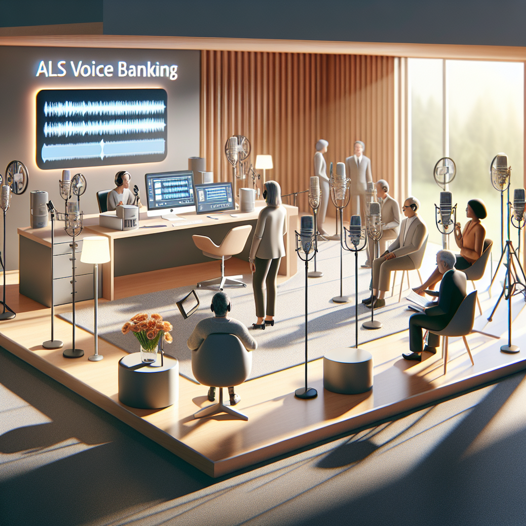 Imagine a well-lit, professional environment showcasing the process of ALS Voice Banking. This scenario includes people of varied genders and descents using high-end microphones to record their voices. Additionally, a computer interface is displayed, illustrating how the voice recordings are stored securely. The room is brightly illuminated using natural light, casting soft shadows on the objects and people present. The atmosphere is one of warmth and reassurance, demonstrating the effortless and personalized journey of securing one's voice for future use.