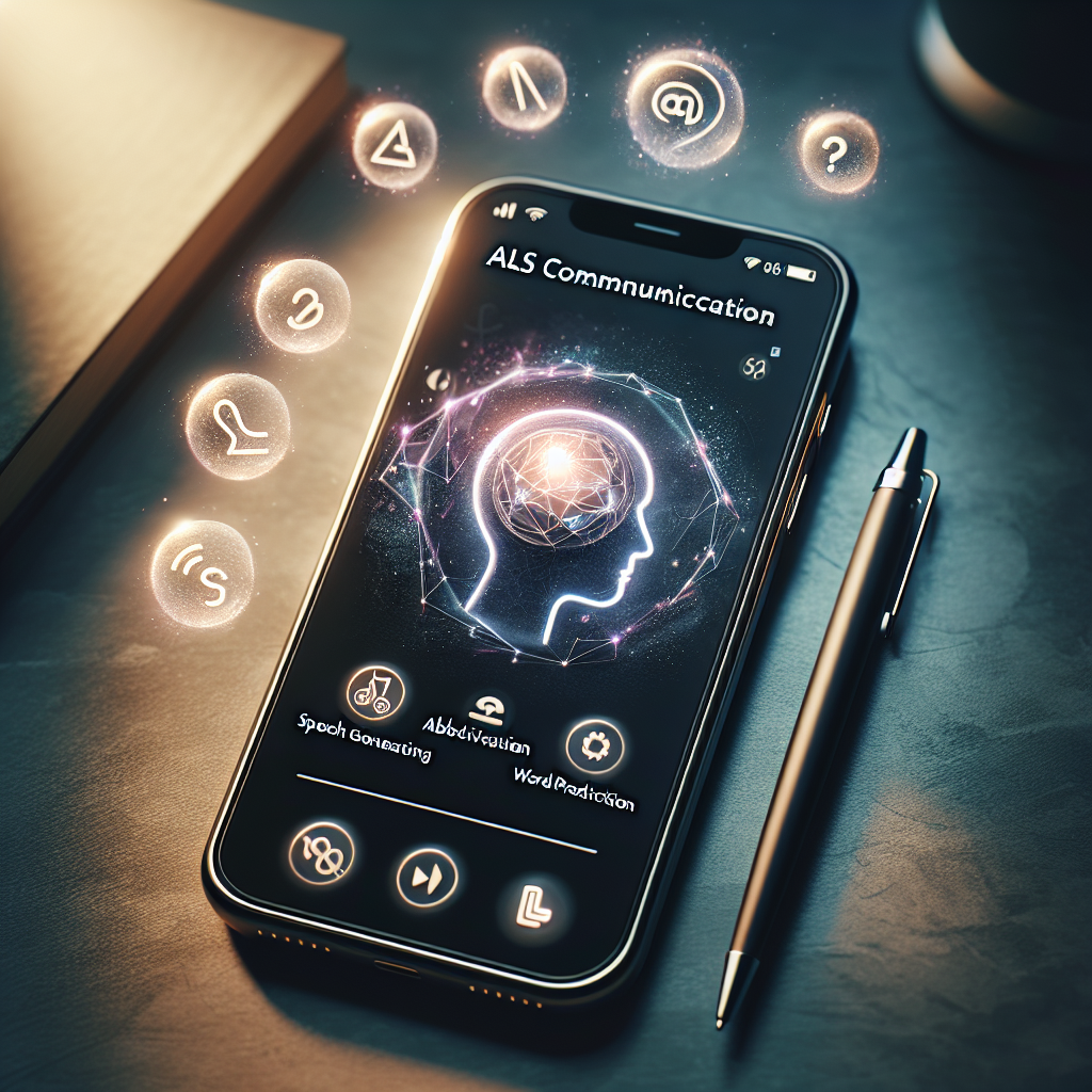 Create a visual representation of ALS Communication Apps, focusing on essential must-haves for effortless communication. The image should contain a modern smartphone displaying a user-friendly interface on the screen. Around it, there should be faintly glowing icons representing Speech Generating Devices, Abbreviation expansion, Word Prediction, and Natural Language Processing. The image should be bathed in natural lighting and soft shadows to emphasize the ease and simplicity of these indispensable aids for those affected by Amyotrophic Lateral Sclerosis.
