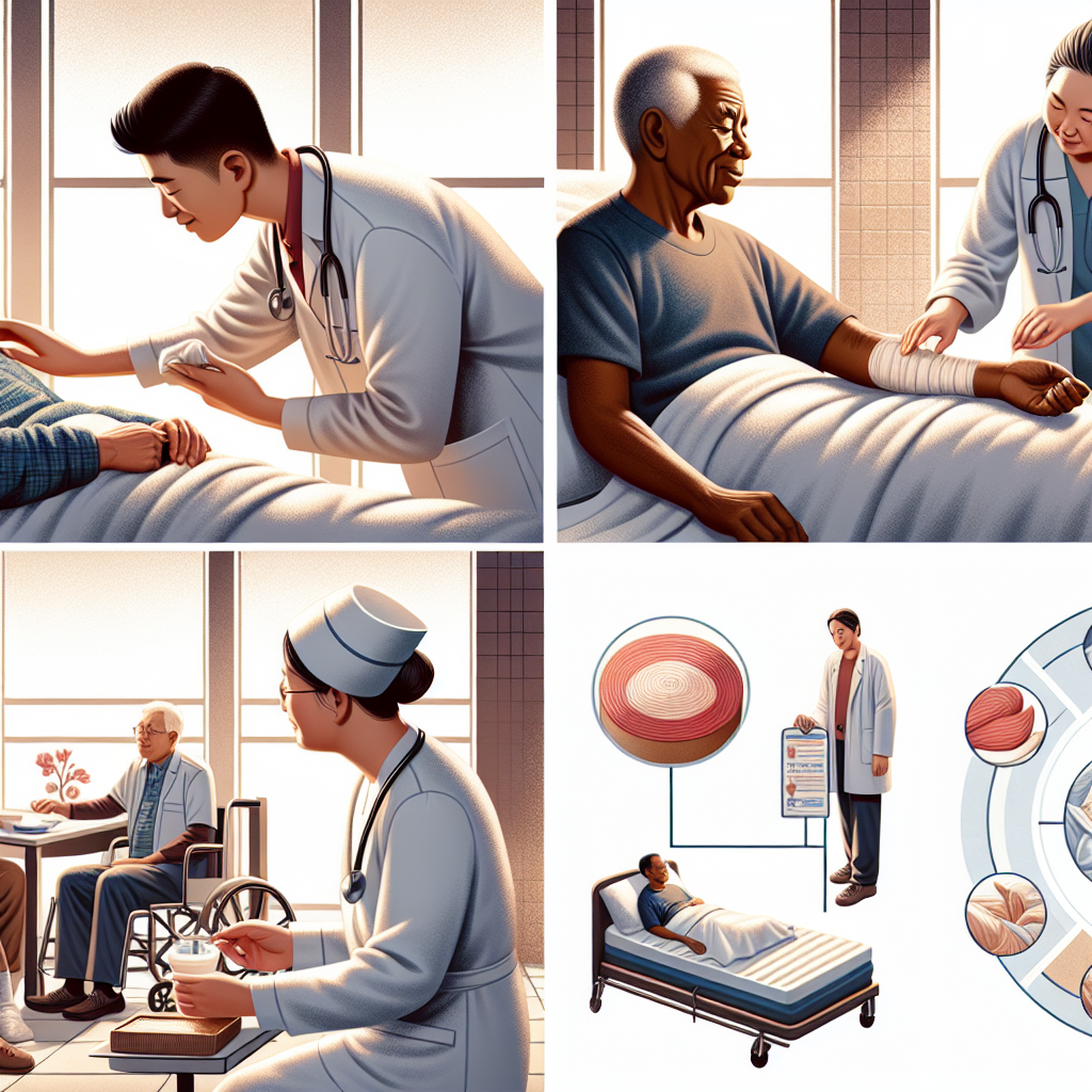 A series of informative illustrations depicting crucial elements about ALS bedsores prevention for effortless care. Image 1: A Caucasian nurse gently repositioning a Black ALS patient in bed. Image 2: A Middle Eastern caregiver examining a pressure ulcer on the back of a Hispanic patient. Image 3: A South Asian nurse applying a moisture barrier cream to a White patient's elbow. Image 4: Diagram that demonstrates a pressure-relieving mattress. Image 5: An East Asian caregiver ensuring the nutritional intake of an African patient. All images feature an environment with natural lighting and soft shadows.