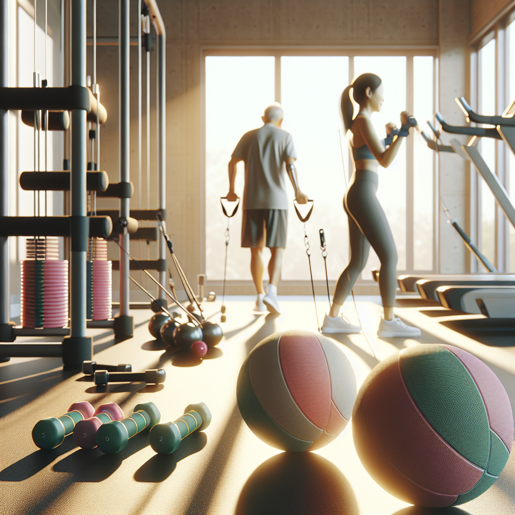 Create a detailed and vivid depiction of an exercise environment with multiple stations, each focused on different arm exercises to help improve hand strength specifically for individuals with ALS. Include rubber grip-strengthening balls, elastic bands and light dumbbells. The scene should be filled with natural sunlight to show a morning exercise routine, the light heartedly dancing on the well-maintained equipments. Also, subtly include the effects of soft shadows cast by the objects. Let's depict a South Asian woman and a Hispanic man, taking turns at using the exercise stations, encouraging and supporting each other during their workout.