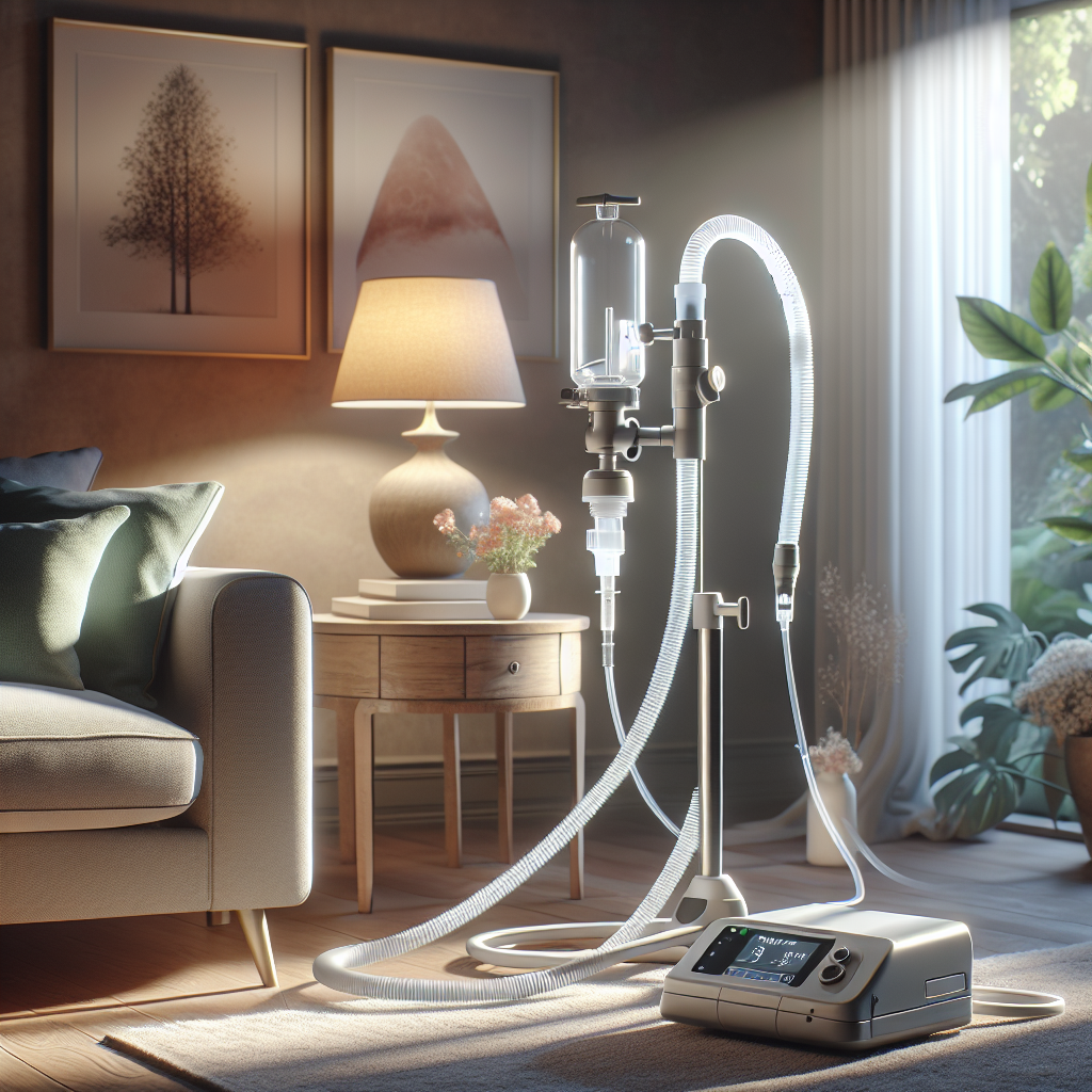 Create a photorealistic image representing the importance of decision-making in ALS ventilator use. Showcase a tracheostomy ventilator with a serene and calming atmosphere illuminated with natural lighting and soft shadows. Include a comforting home setup with soft furnishings, exemplifying the essential realities of living with a trach.