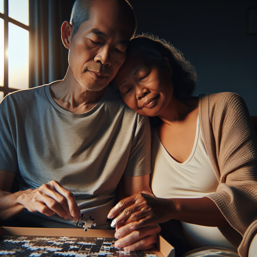 Visualize a poignant scene that highlights ways to strengthen bonds and maintain intimacy for people living with ALS. The scene should depict a middle-aged Asian man with ALS and a Black woman, possibly his partner, engaging in an indoor activity that doesn't necessarily require physical strength, like doing a jigsaw puzzle or reading a book together. The lighting should feel natural and calming, casting soft shadows over the scene, indicating a late afternoon or early evening time. Emphasize the emotional aspect, showing their facial expressions filled with a sense of understanding, love, and connection. This is not about physical intimacy but the deep emotional connection they share.