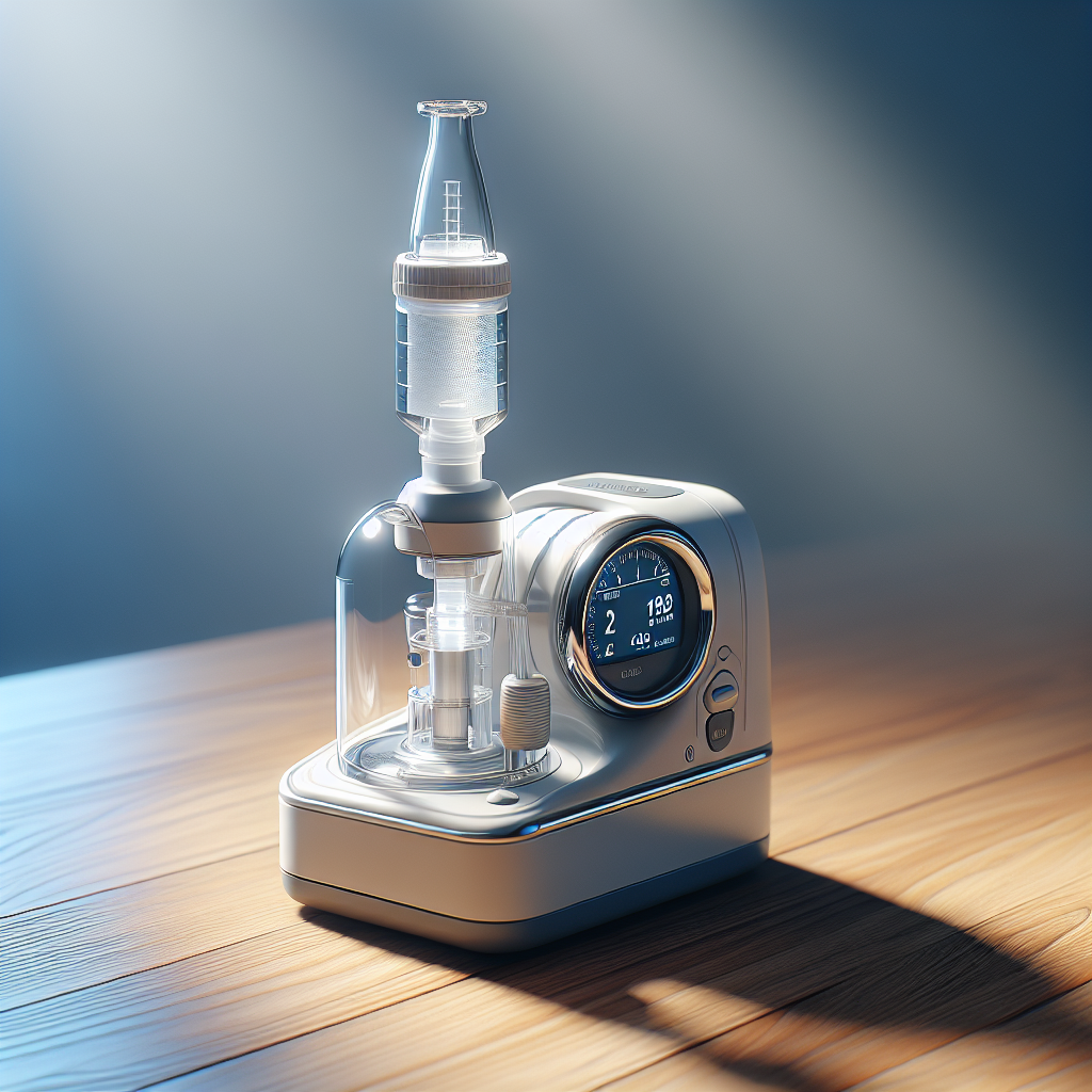 Illustrate a high-resolution, photorealistic image demonstrating a mechanical insufflator device, known for assisting with coughing in ALS patients. The device should be portrayed as one of optimum quality, perhaps shown on a polished wooden table under natural lighting which casts soft, gentle shadows around. It should depict state-of-the-art technology suitable for addressing respiratory issues in ALS.