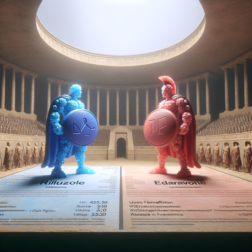An evocative image showing two symbolic representations of the medications Riluzole and Edaravone. They are depicted as gladiators in a Roman-style arena, personifying a showdown, under soft natural lighting with soft shadows. The one representing Riluzole takes the form of a blue, crystalline entity, while the one symbolizing Edaravone is shaped like a vibrant red, pharmaceutical tablet. They stand off against each other, symbolizing the competition between the two ALS medications. Information about each medication such as their uses and benefits are displayed as text around the image to further illustrate the 'showdown.'