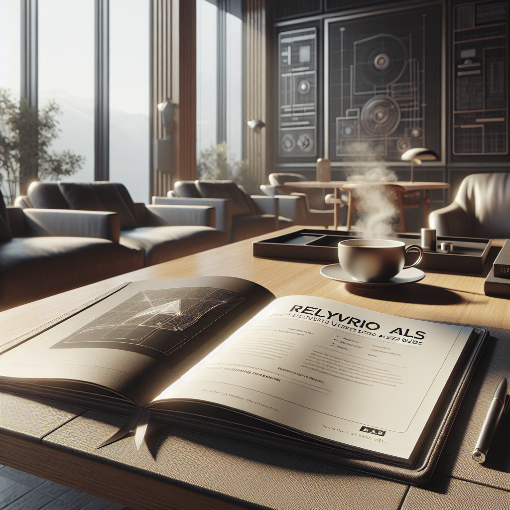 A photorealistic image of a well-organized scene is depicted, emphasizing a calm and serene atmosphere. There is a guidebook opened to a page titled 'Relyvrio ALS: Exclusive Update & Effortless Access Guide'. The guidebook, with a sleek design, is located on a table with a cozy atmosphere due to natural lighting and soft shadows falling over it. The architectural interior design and furniture imply a professional setting. Elsewhere in the room, a steaming cup of coffee and a stylish, modern pen lie next to the guidebook, suggesting someone has recently been reading and taking notes.