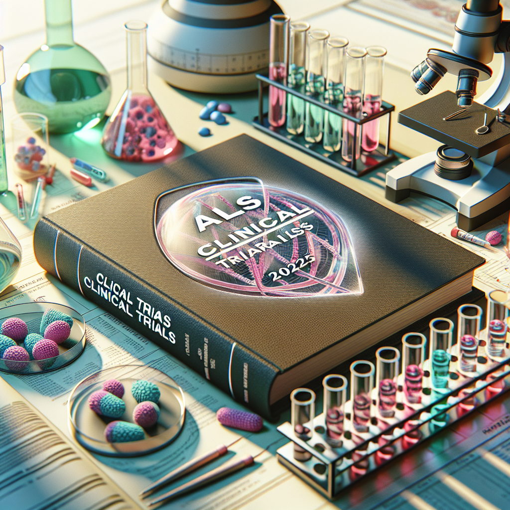 Create an image that depicts an 'ALS Clinical Trials: Effortless 2025 Access Guide'. The scene is setup with a large medical textbook open in the foreground. The title of the guide is clearly visible on the hardbound cover of the book. Surrounding the guidebook are objects indicative of a clinical environment - microscopes, petri dishes, test tubes, and medical charts. Natural lighting illuminates the scene showcasing the vibrant colors of the elements present, casting soft shadows over them. The background fades into a soft blur to maintain the focus on the guide.