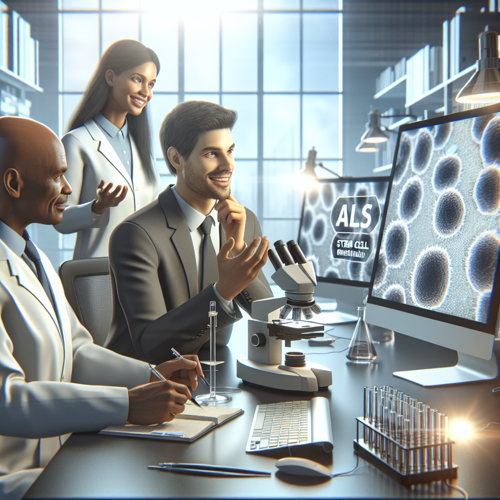 Create a photorealistic image illustrating the concept of ALS Stem Cell Trials breakthrough. The setting should be a modern research laboratory with soft natural lighting casting gentle shadows. There should be two scientists - a Middle Eastern woman and a Hispanic man, both professionally dressed and excitedly discussing findings next to a microscope on the desk. Nearby, a computer screen displays the magnified image of stem cells. The visual focus being on the microscopic images of stem cells, the scientists' excitement, and the cutting-edge technology used in their research.