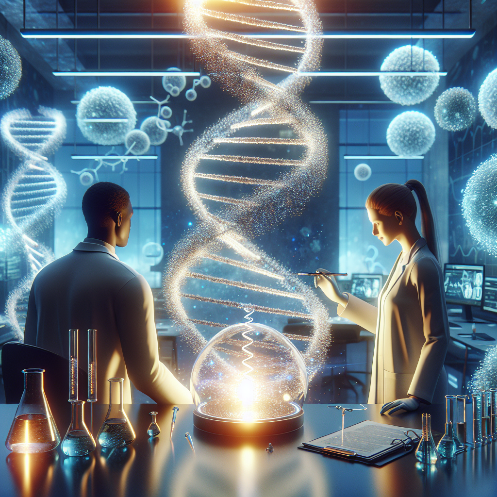 Generate a photorealistic image depicting a conceptual scene related to medical breakthroughs in ALS gene therapy in the year 2025. Let's see a lab environment with a 3D DNA helix prominently displayed. Depict the DNA as glowing with an aura of luminescent particles around it, symbolizing the therapeutic effects. Include a Caucasian female scientist and a Black male scientist wearing lab coats and observing the DNA structure. The scene should be filled with natural light causing soft shadows, emphasizing the optimism connected with this medical breakthrough.