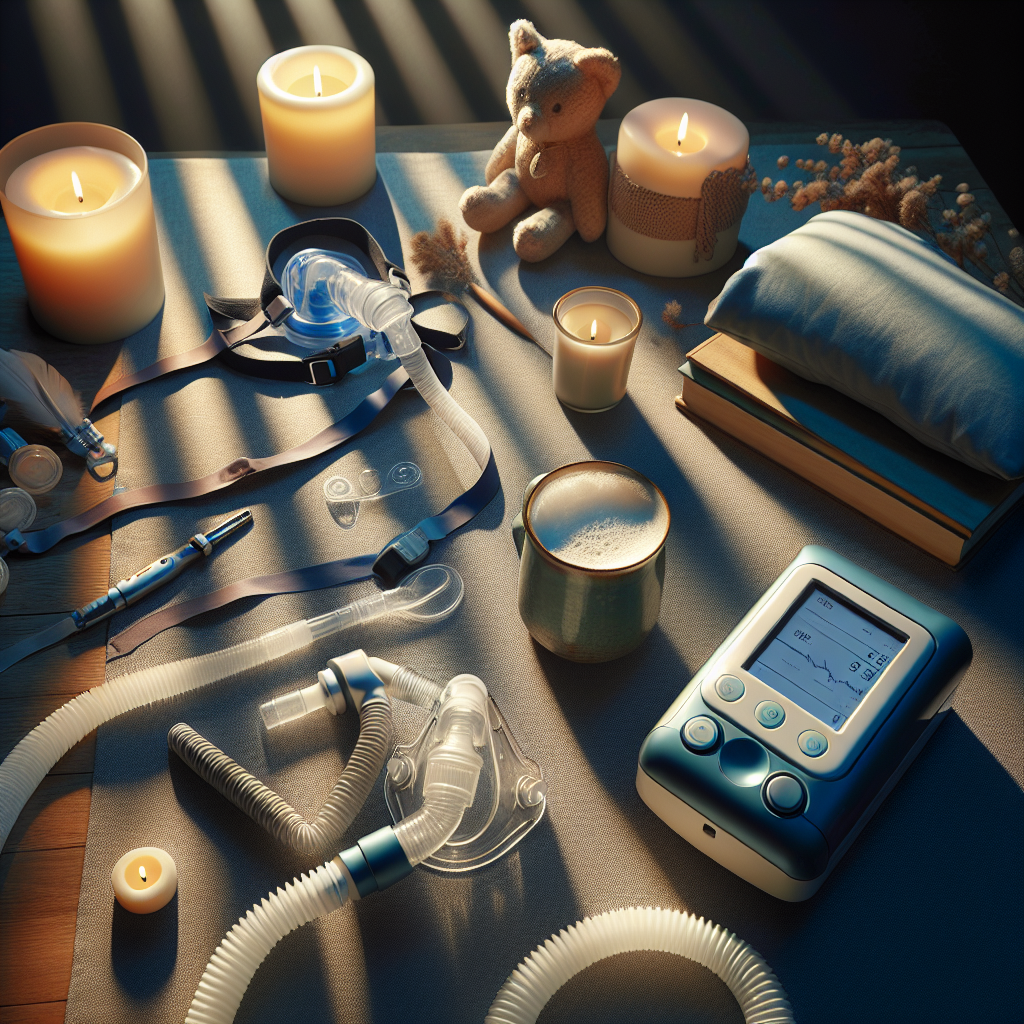 Craft an image showcasing a careful arrangement of items part of an ALS BiPAP setup designed for a comforting night experience. The image setting should be at the hour of twilight, awash with tranquil natural lighting that cascades lightly across the objects, casting delicate, soft shadows. The BiPAP machine, mask, and other such accessories are laid out systematically on a table that is prepared for a quiet, restful night. Emphasize the idea of 'Effortless Night Comfort' and the readiness of the setup to provide patients with peaceful, uninterrupted sleep.