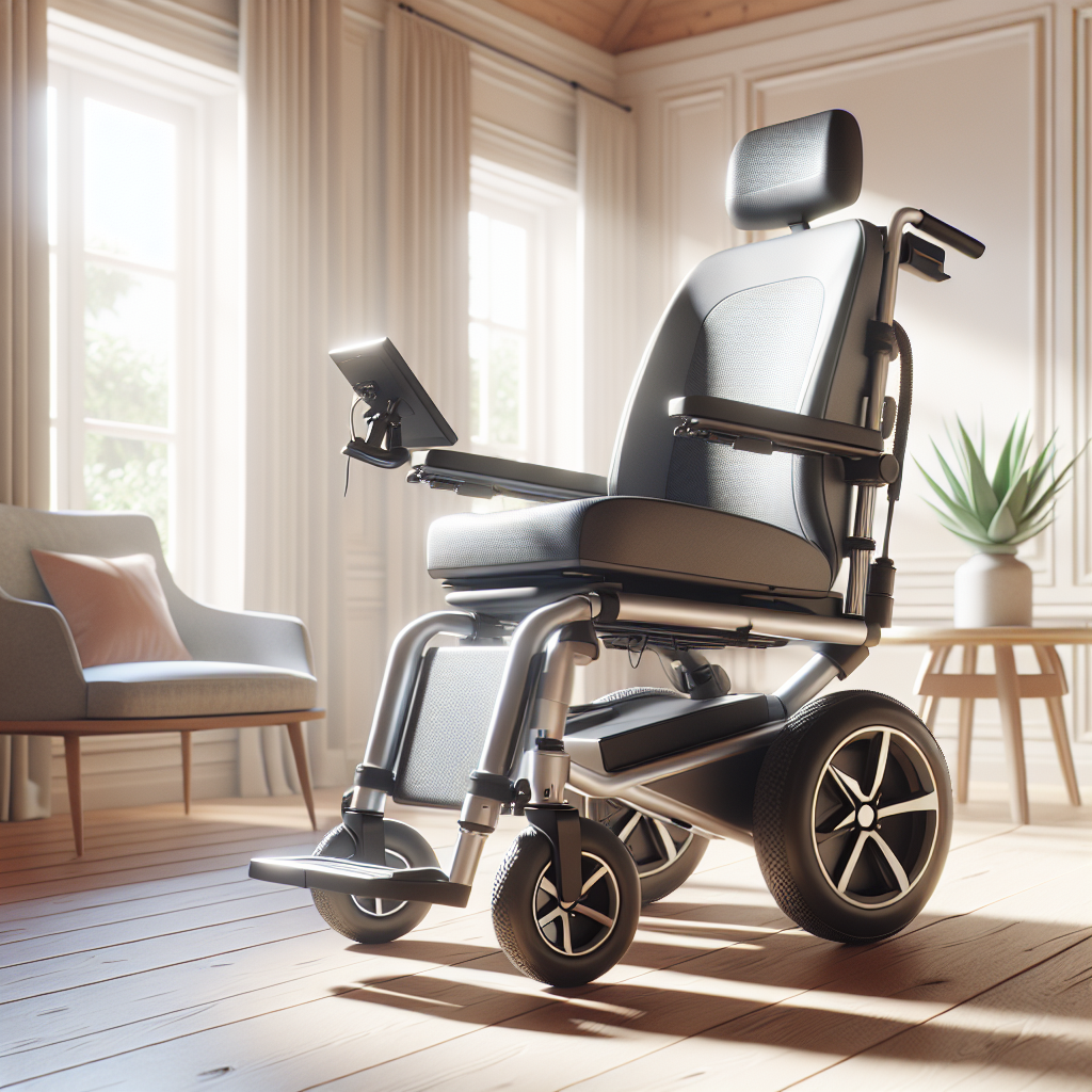 Create a photorealistic image with natural lighting and soft shadows. The centerpiece is a state-of-the-art power wheelchair, specifically designed for people living with amyotrophic lateral sclerosis (ALS). It looks modern, sleek and durable, and is equipped with cutting-edge technology for effortless mobility. It is parked in a bright, airy room with tasteful decor. The room exudes positivity and hints at the improved lifestyle and mobility that the wheelchair brings. Remember, the focus is the power wheelchair's practical features, user-friendliness and the freedom it represents for those affected by ALS.