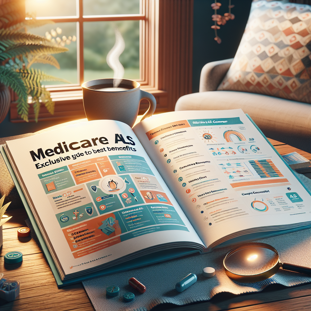 Generate a high-quality, photorealistic image showcasing a peaceful setting with natural lighting and soft shadows. The image presents an open book with legible text titled 'Medicare ALS Coverage: Exclusive Guide to Best Benefits'. The guide should consist of clear, concise bullet points, well-organized chapters and colorful infographics making it easy to understand. Nearby, a magnifying glass, a steaming mug of coffee, and a pair of reading glasses should be placed to imply careful study. The background could be a comfortable home setting, possibly showing a warm cozy reading nook.