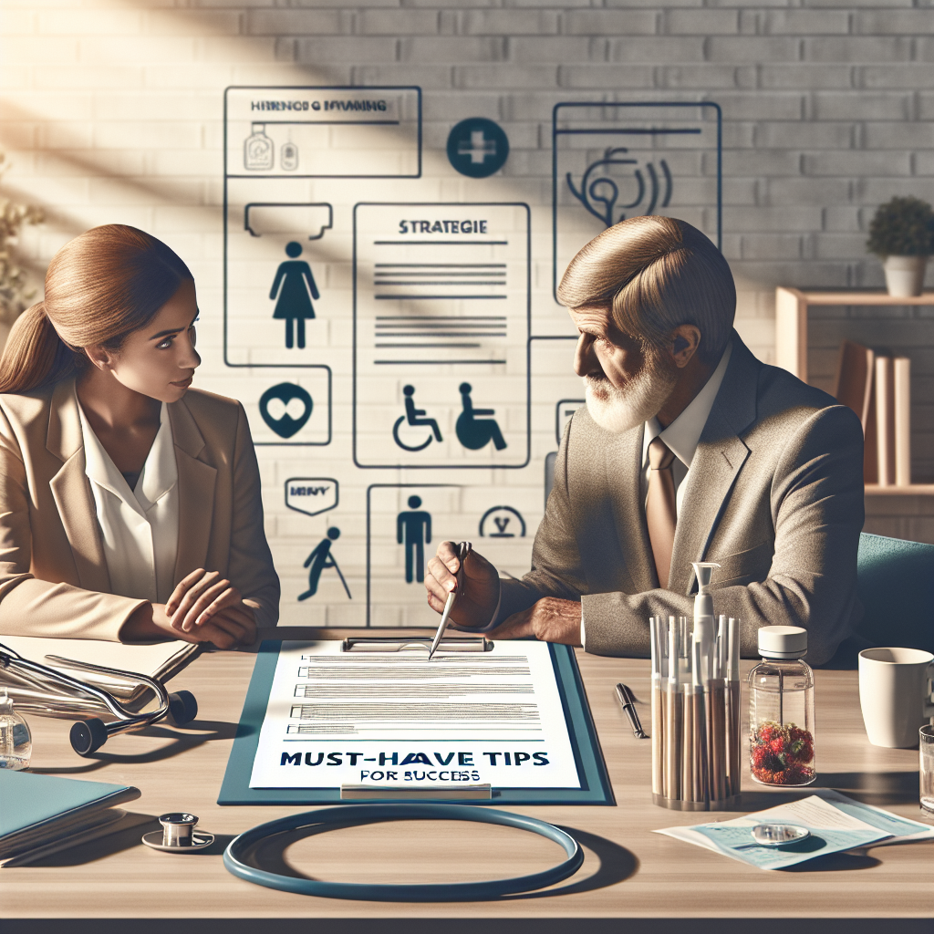 With natural lighting and soft shadows, generate a calm and soothing image that depicts a scene of strategy planning for hiring ALS caregivers. Highlight a list with 'Must-have tips for success' on a table, surrounded by various caregiving tools like a wheelchair, walking stick, and medical documents. Incorporate a Caucasian woman in her 30s and a Middle-Eastern man in his 40s, both healthcare professionals with focused expressions, suggesting they're in deep discussion regarding caregiver hiring.