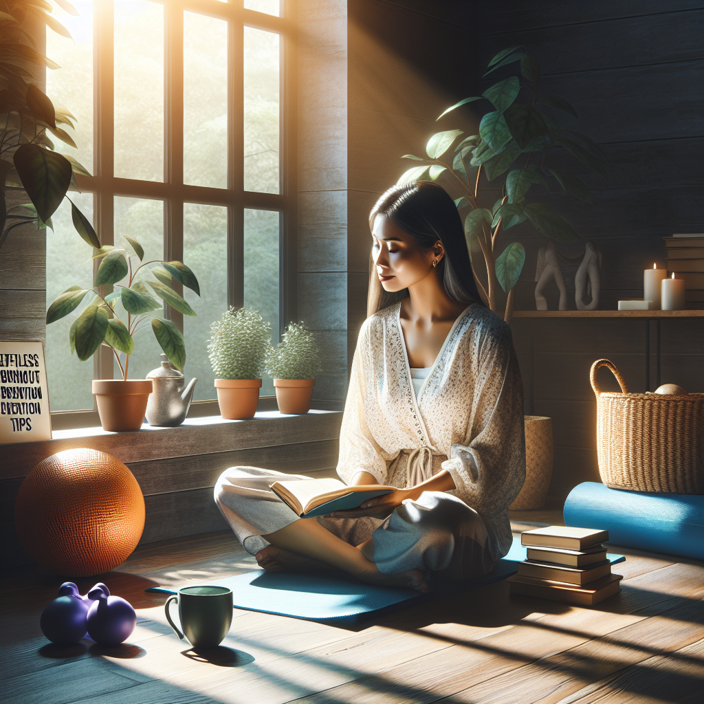 Picture a serene image showing a relaxed environment for an ALS caregiver embodying prevention of burnout. The scene takes place within a quiet room lit with natural light filtering through an open window, casting soft shadows around. A South Asian woman, the caregiver, is seen peacefully reading a book titled 'Effortless Burnout Prevention Tips', while a soothing cup of tea sits nearby. Nearby, a stress ball and yoga mat suggest various relaxation techniques. The room is adorned with some indoor plants emitting a sense of tranquility. The whole atmosphere radiates calmness and positivity, showing an effective way to prevent caregiver burnout.