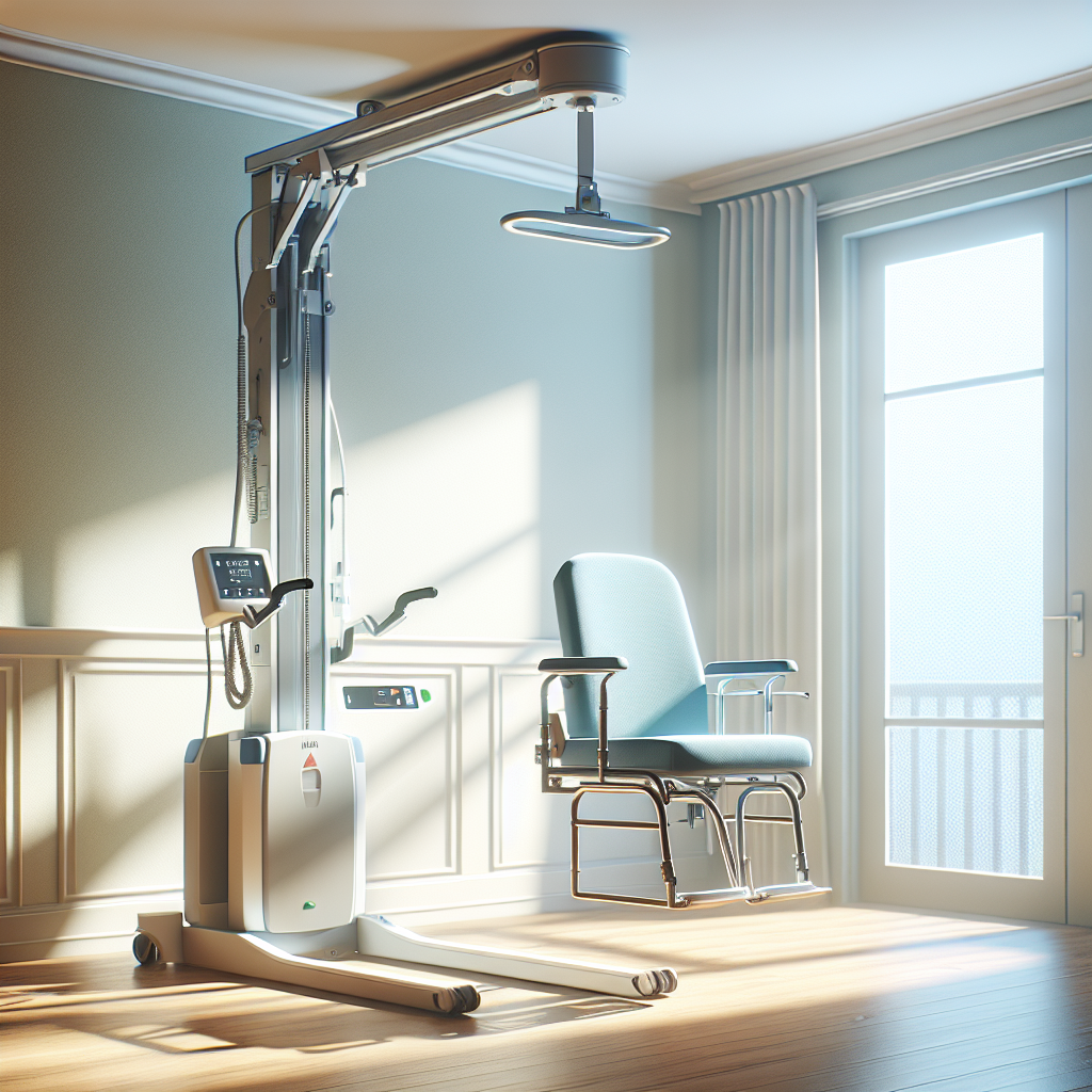 Generate a high-quality, photorealistic image depicting a Hoyer Lift, a type of medical equipment commonly used for ALS patients. This lift should be designed as one of the best ceiling lift options available, characterized by its advanced features and ergonomic design. The scene should be lit by natural light, casting soft shadows that highlight the unique structure and functionality of the lift.