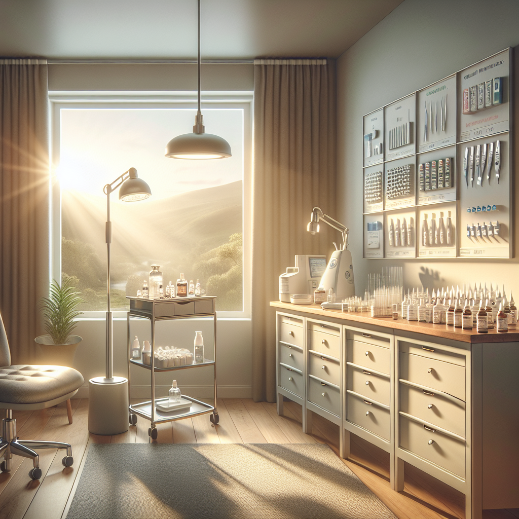 Create a detailed, photorealistic illustration that represents ALS Oral Care focusing on solutions for relieving dry mouth. The image should portray a serene setting, perhaps a neat, well-lit consultation room, with multiple solutions displayed neatly such as specially formulated lozenges, oral moisturizing gels, bedside humidifiers or oral hydration aids. Include the hint of natural lighting that brightens the room creating soft shadows and elevates the peaceful countenance of the environment. Avoid labeling the products or brands. The illustration should invite a sense of comfort, trust, and assurance.