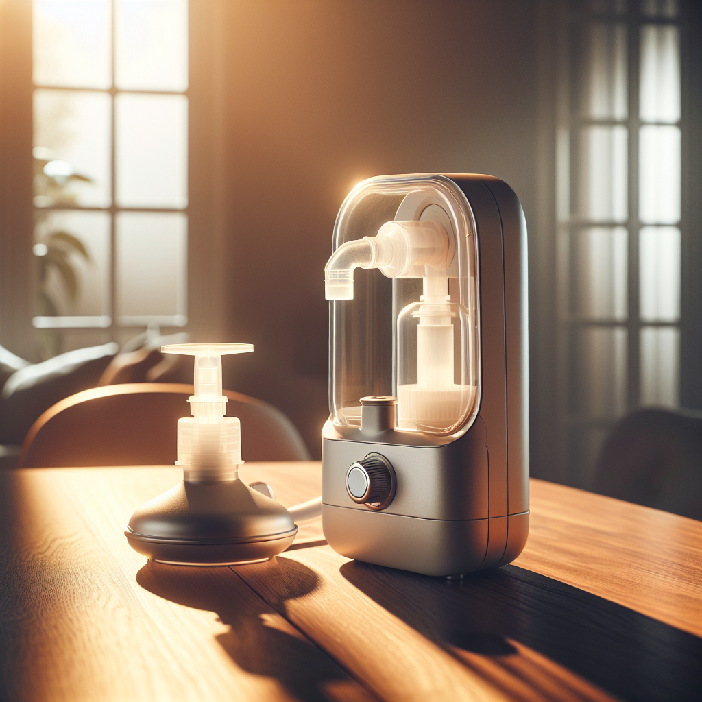 Picture a peaceful home setting with a medical device known as an 'ALS Nebulizer'. The device is sturdy, yet sleek, designed for ease of use. It sits on a polished wooden table, under the soft natural light filtering through a nearby window. The gentle shadows artfully outline the contours of the device, highlighting its importance. Next to it, a suction machine is placed - its role in healthcare just as crucial. They form a testament to home-based health mastery, symbolizing hope and healing for ALS patients.