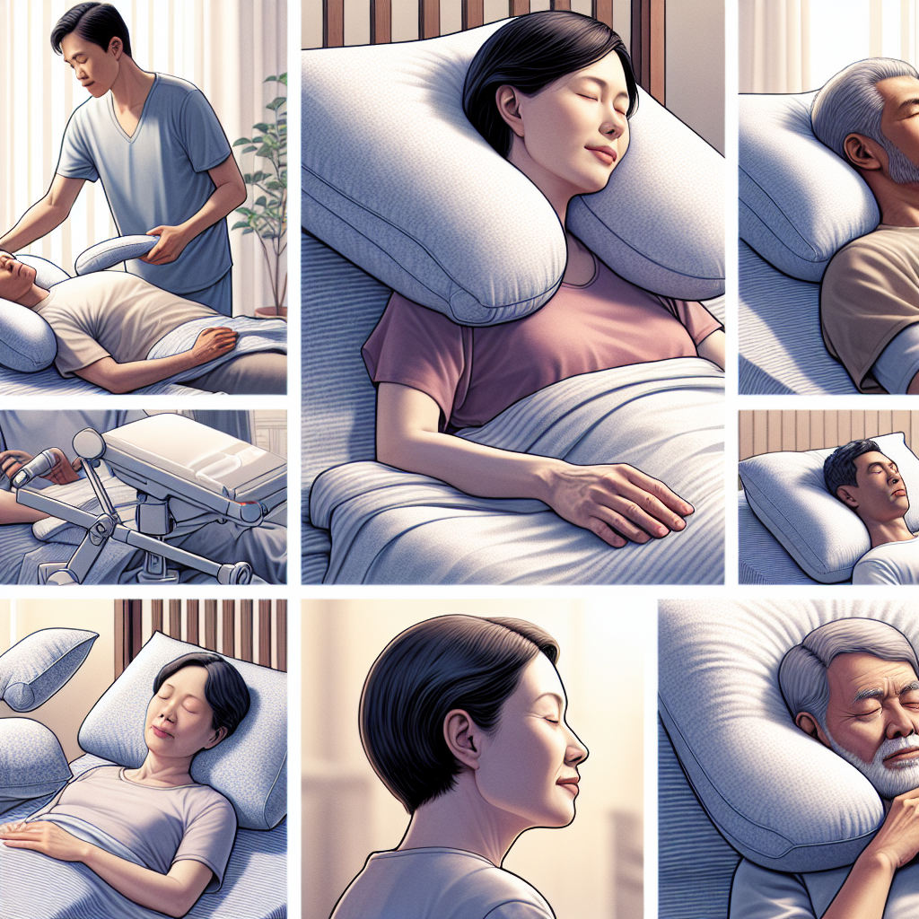 Create an incredibly detailed and photorealistic image, paying special care to use natural lighting and soft shadows. The focus of this image is demonstrating proper sleep positions to give comfort and relief for individuals dealing with ALS (Amyotrophic Lateral Sclerosis). Illustrate several different scenarios, including one with an adjustable bed, a man of South Asian descent using a body pillow, a woman of Hispanic descent with a neck pillow, and an individual of Caucasian descent using a contoured pillow. Keep the atmosphere of the image hopeful, showing that despite difficulties, there can still be moments of comfort.