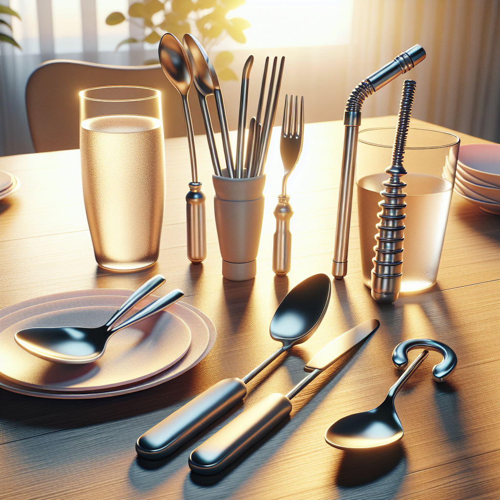 Generate a photorealistic image under natural lighting and soft shadows that features ALS Adaptive Utensils. Display the best must-have dining aids ideally suited for people with ALS. The scene should show an array of adaptive tools such as cutlery with thick, easy-to-hold handles, bendable straws, and non-slip dishware. Each item should look like they're strongly built, user-friendly, and well-designed for support and comfort. The dining aids should be set on a dining table with a softly lit ambiance.