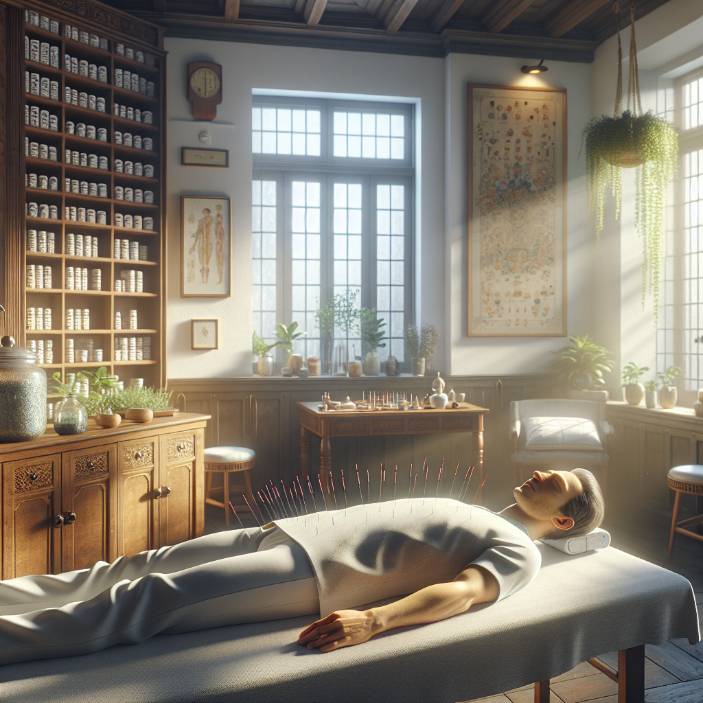 Create a photorealistic image that depicts a serene and peaceful acupuncture studio. In the center of the room is a patient lying on a comfortable table. The patient, a Caucasian male, has acupuncture needles gently inserted at specific points on his body, indicative of a therapy session for managing the pain from ALS. Bright, natural light filters into the room from a nearby window, casting soft shadows around the room. Shelves filled with traditional herbs and therapeutic oils can be seen in the background. There's a sense of calm and relief present in this gentle healing environment.