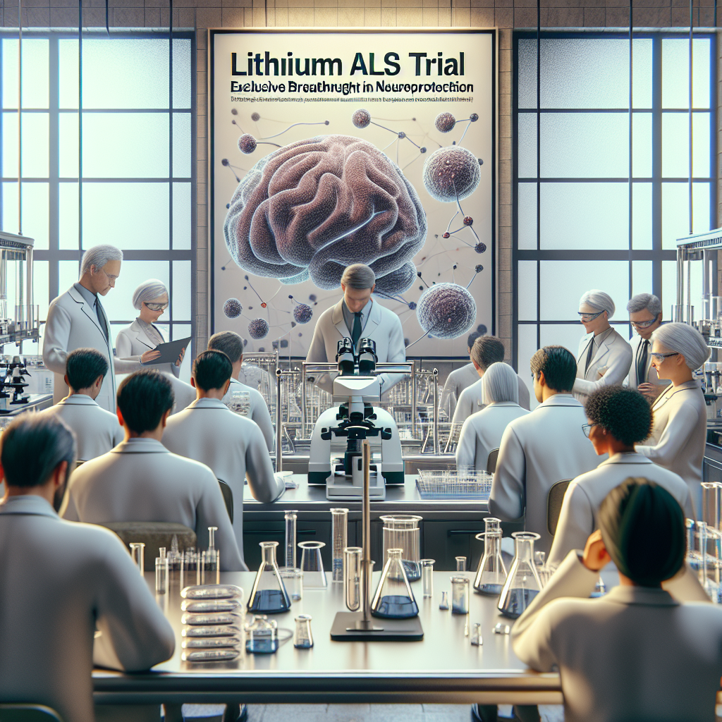 Generate a photorealistic image of a scientific research scene, emphasizing on Neuroprotection. The setting is well-lit, with natural lighting creating soft shadows. There's a large banner on the wall, displaying 'Lithium ALS Trial: Exclusive Breakthrough in Neuroprotection'. Include various research equipment around, like microscopes, petri dishes, lab coats, and safety glasses. Scientists of different descents, including Caucasian, Hispanic, Black, Middle-Eastern, South Asian, are actively engaged in the research. The mood is one of excitement and anticipation at this groundbreaking advancement.