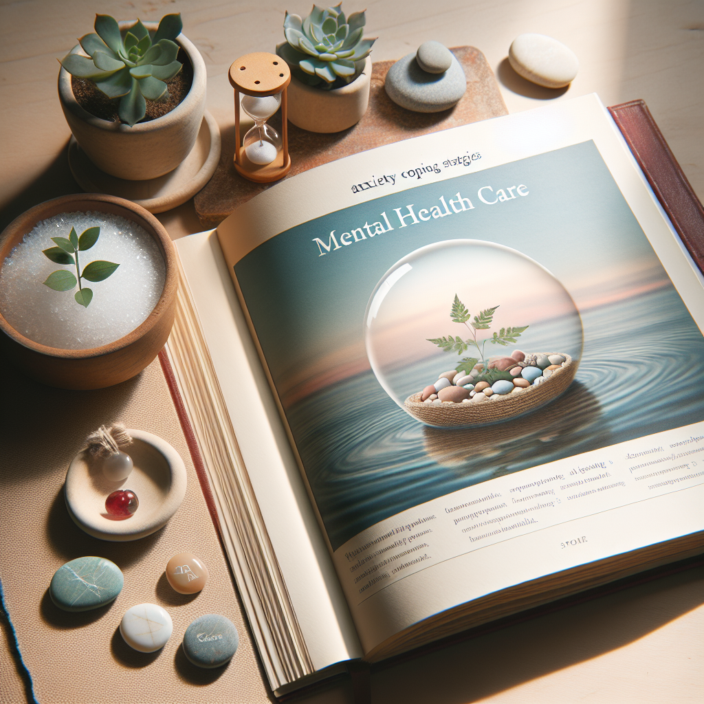 Create a calm and tranquil scene emphasizing on mental health care. Visualize an open book revealing effective anxiety coping strategies for individuals dealing with ALS. Nearby, there may be soothing elements found in nature, such as smooth stones, a small plant, or a sand timer to represent patience and time. The use of natural lighting should enhance the peaceful vibe, with soft shadows employed for depth and a sensation of quiet comfort.