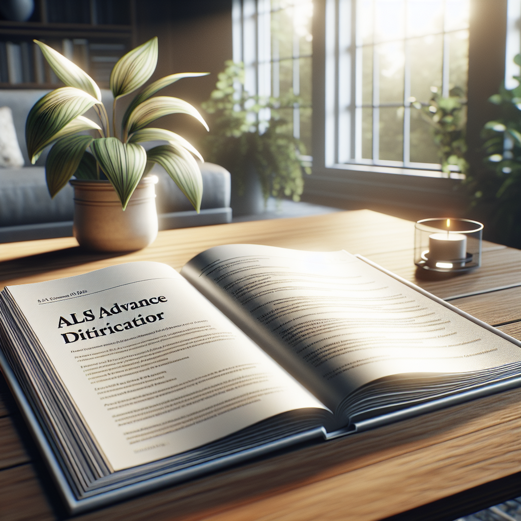 A serene and detailed scene indicating the concept of the ALS Advance Directive. In the forefront, an open book titled 'ALS Advance Directive' sits on a wooden table. The pages are filled with easy-to-understand, organised content. Soft natural light pours in from a nearby window, creating gentle shadows on the book and the table. In the background, a quiet, peaceful environment consisting of lush indoor plants is visible, promoting a sense of tranquility and effortless planning. Use clear, photorealistic detail to convey the scenario.